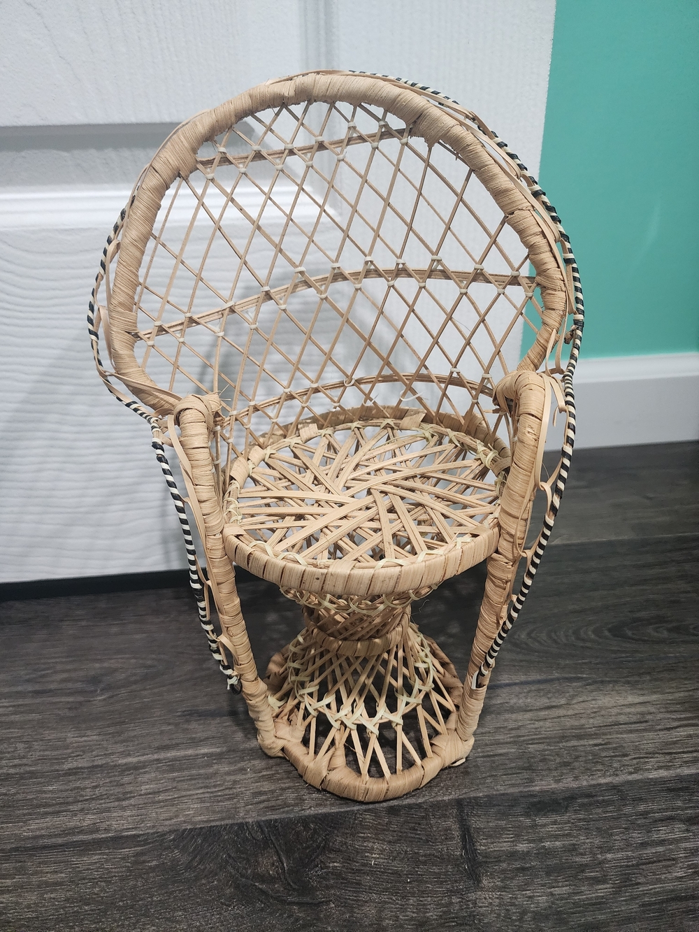Woven Rattan Peacock Doll Chair in Natural with Black & White Trim